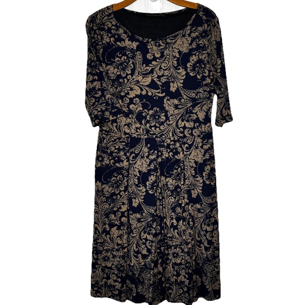 Peruvian Connection Dress Med Navy Blue Cream Tan Damask Pockets Classic Career